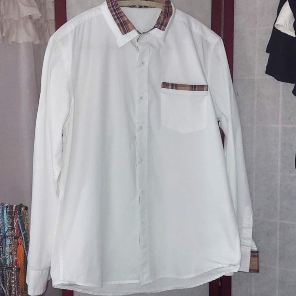 Men's White Button-Down Shirt with Plaid Trim